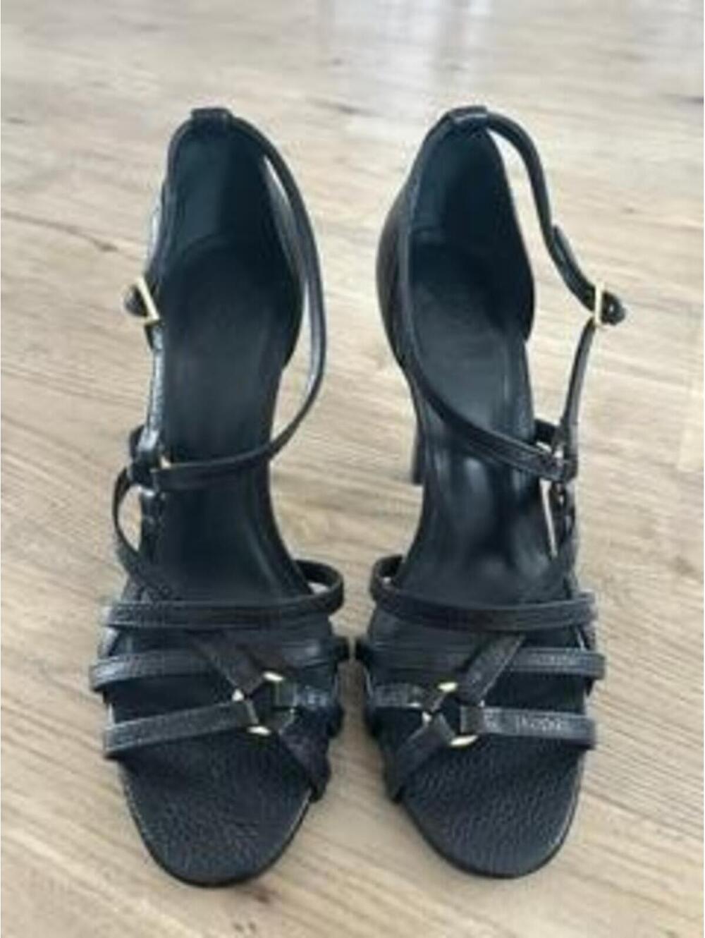 Tory Burch Black Pebbled Leather Strappy Ankle Strap Stiletto Heels Women's Sz 9